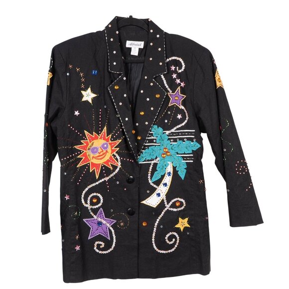 Appraisal Blazer Jacket VTG M Womens Black Sun Star Palm Tree Sequin Button - Picture 1 of 7